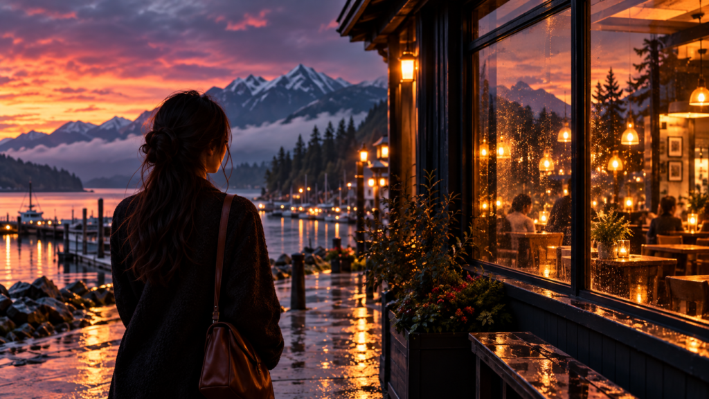 Mia approaches a warmly lit restaurant beside a coastal harbour at dusk