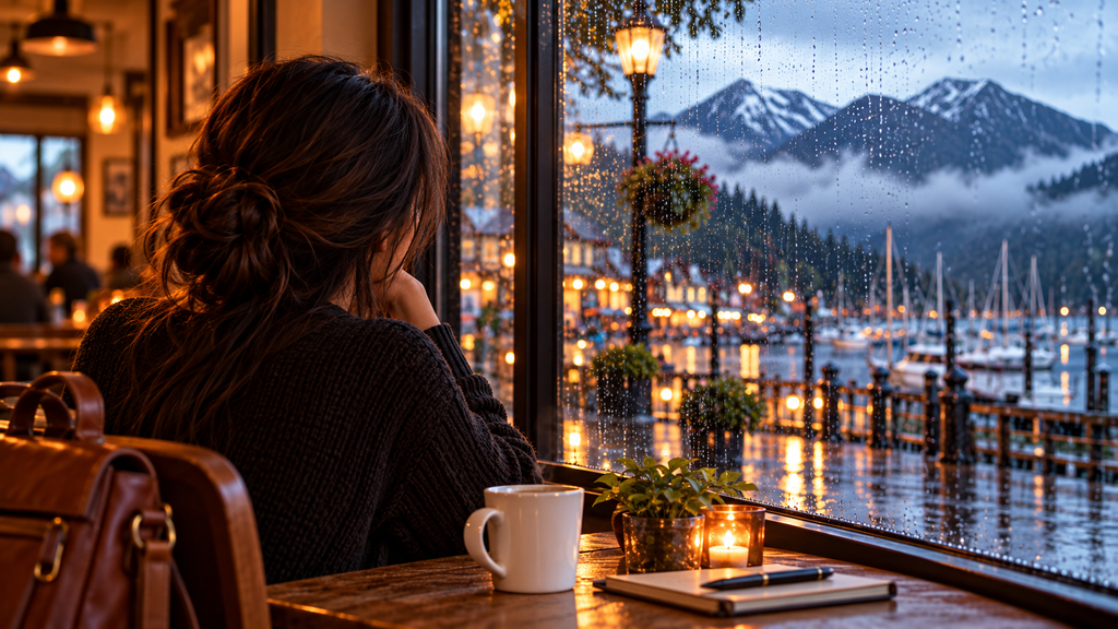 Mia seen from behind in a warm café, looking through a rain-speckled window toward a misty British Columbia harbour; her face is hidden.