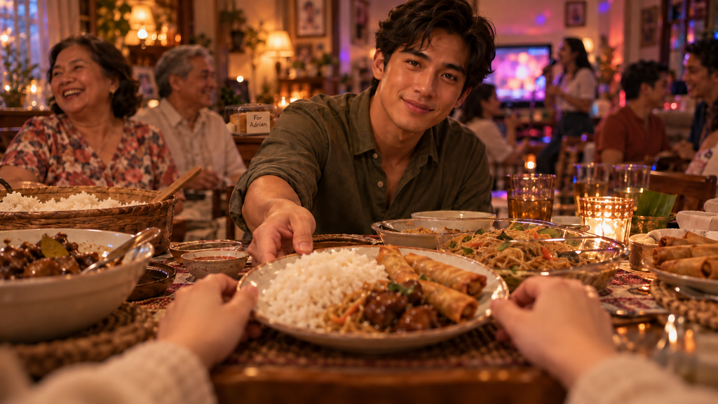 Through Clara’s eyes, Adrian offers her a dinner plate. Relatives gather behind him; a cake box on the sideboard bears a handwritten label, “For Adrian.”